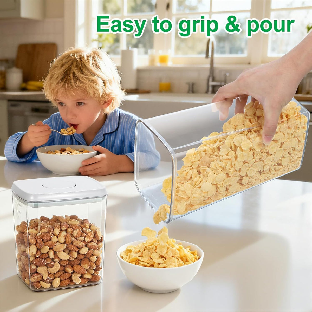 TBMax Large Airtight Food Container 5.28 Qt with Pop Up Lid & Measuring Cup, Ideal for 10 Lbs of Rice or 7 Lbs of Flour, Square Short Food Storage Bin for Kitchen Pantry and Drawer Organization