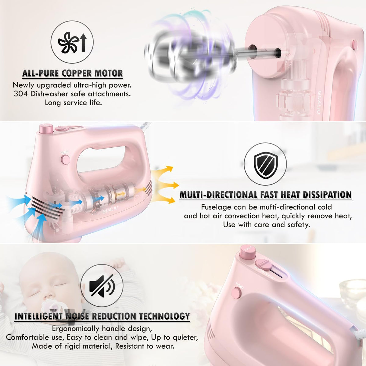 GUALIU Electric Hand Mixer, 304*(2* Beaters, 2* Dough Hooks), (1* Storage Bag) Handheld Mixer for Baking Cakes, Eggs, Cream Food Mixers, Turbo Boost /5 Speed Kitchen Blender PINK