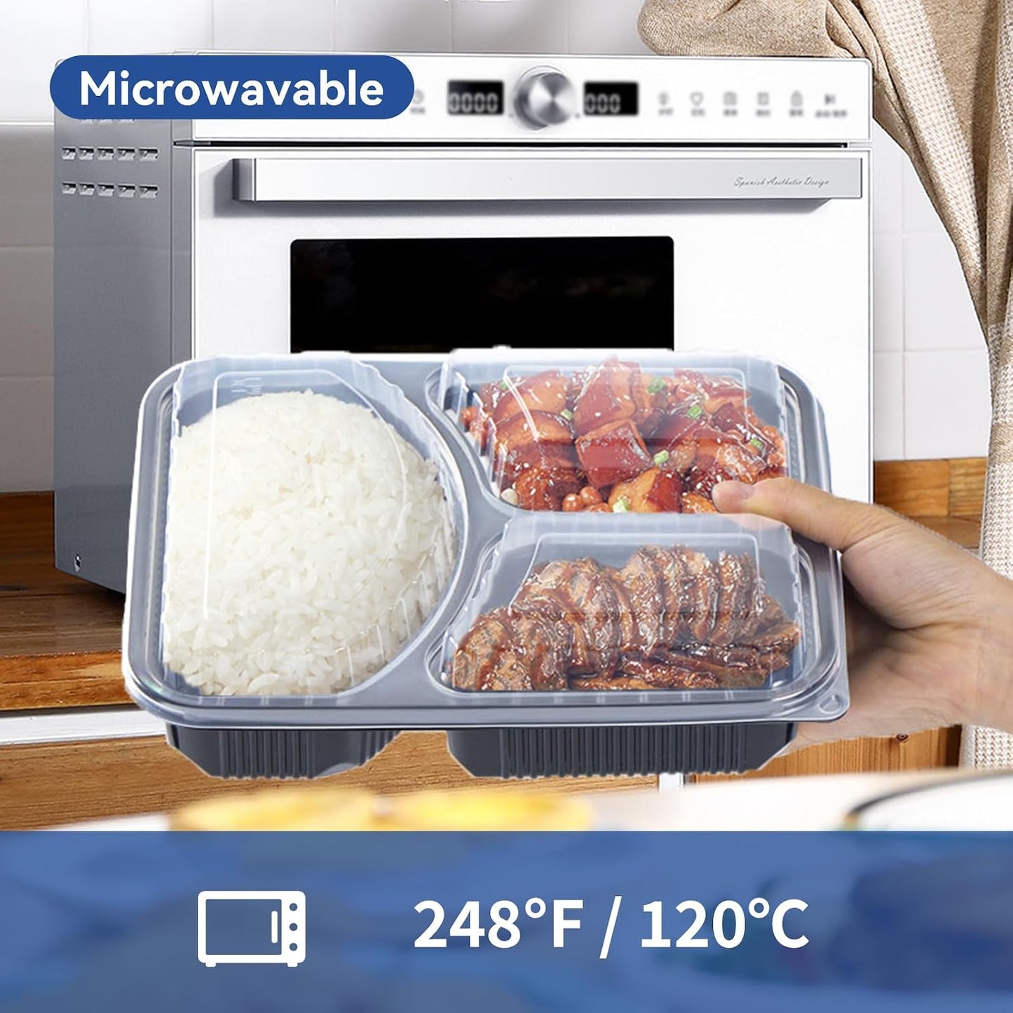 Take Out Containers 38 oz 40 Pack - Shrink Wrapped 3 Compartment Leakproof Catering | BPA Free PP Plastic Microwave & Freezer Safe | Flexible Reusable Commercial Black Lunch Boxes with Lid