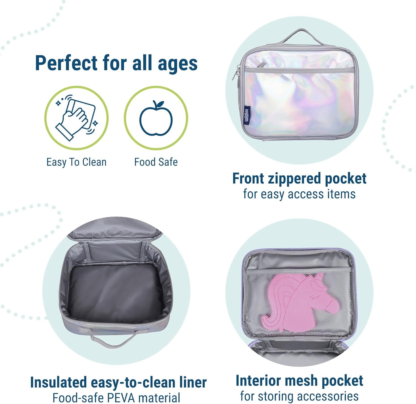 Wildkin Kids Insulated Lunch Box, Keeps Food Hot or Cold, BPA-Free with Mesh Pockets & Easy-Clean Lining – Ideal for School, Travel & Daycare – Holographic
