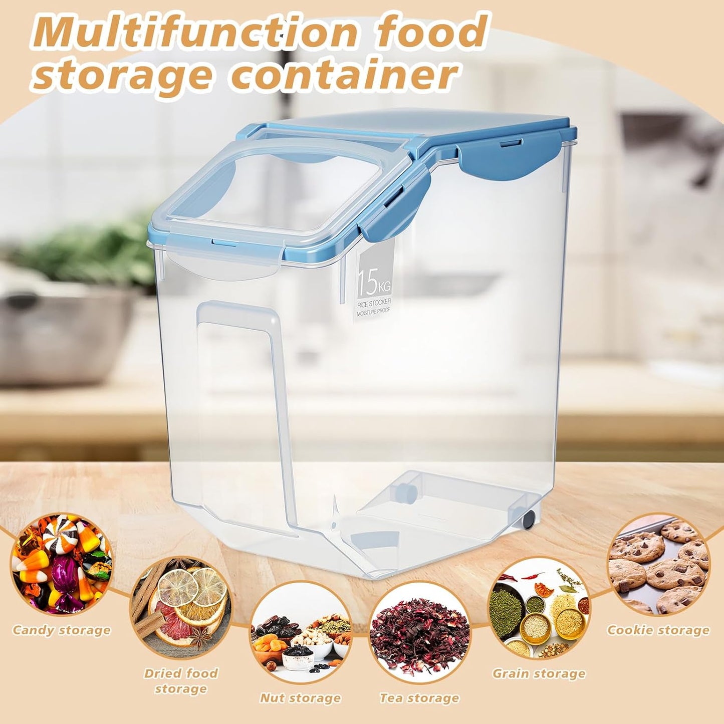 Umigy 4 Pack Rice Storage Container With Wheels Plastic Airtight Lid Flour Container Bin for Dog Pet Cereal Grain Dry Food, 15 Liter / 30 lbs (Blue)