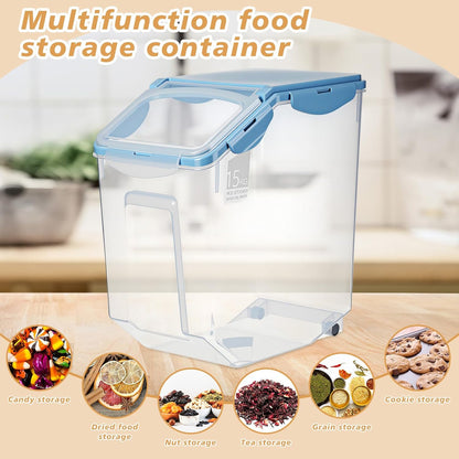 Umigy 4 Pack Rice Storage Container With Wheels Plastic Airtight Lid Flour Container Bin for Dog Pet Cereal Grain Dry Food, 15 Liter / 30 lbs (Blue)