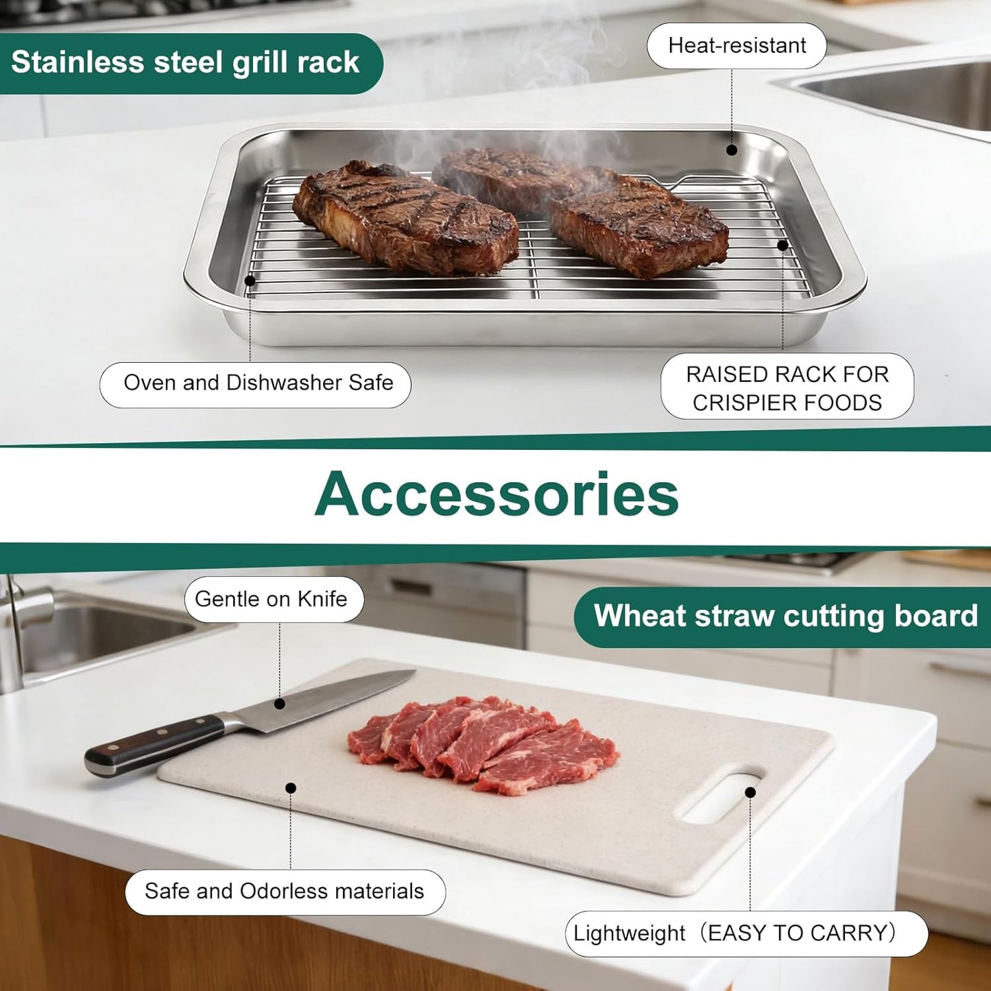 Stainless Steel BBQ Grilling Prep and Serve Tray Set, Food Preparation Container with Lid, Cutting Board, Wire Rack and Marinade Pan for Outdoor Cooking,Grill Gifts for Grill Lovers