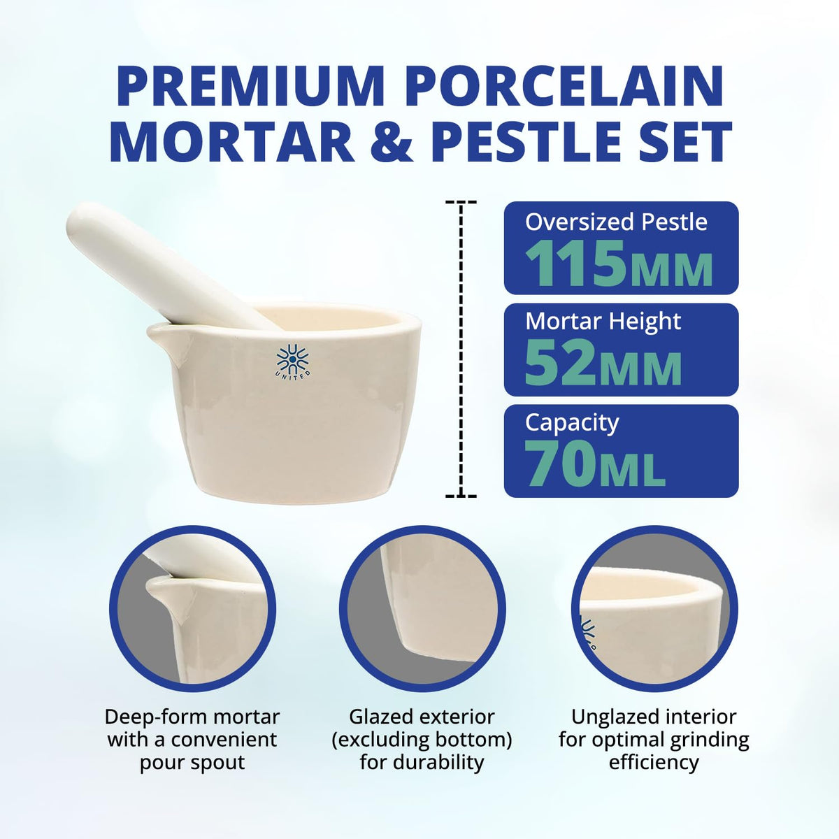 United Scientific™ Ceramic Mortar and Pestle Set - 70mL Capacity, 2.75" Diameter Pill Crusher - Deep Form Grinding Bowl with Pour Spout, Unglazed Pill Grinder Surface for Kitchen or Lab Use