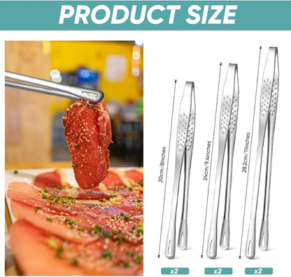 meekoo 6 Pcs 7.8 Inches Stainless Steel Korean BBQ Grill Tongs Japanese Barbecue Tongs for Cooking Portable Kitchenware Home Outdoor Steak Salad Food