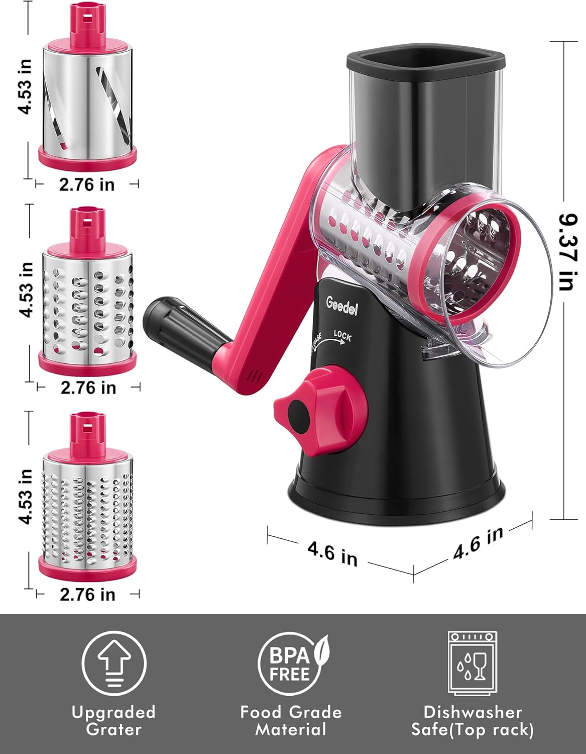 Geedel Rotary Cheese Grater, Kitchen Mandoline Vegetable Slicer with 3 Interchangeable Blades, Easy to Clean Rotary Grater Slicer for Cheese, Vegetables, Nuts
