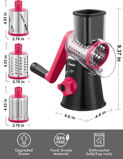 Geedel Rotary Cheese Grater, Kitchen Mandoline Vegetable Slicer with 3 Interchangeable Blades, Easy to Clean Rotary Grater Slicer for Cheese, Vegetables, Nuts