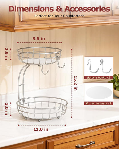 Sevenblue 2 Tier Large Fruit Basket for Kitchen Counter with Removable Banana Hanger - Sturdy Iron Fruit Bowl for Kitchen Counter and Vegetable Holder, Fruit Holder for Home Decor, Black