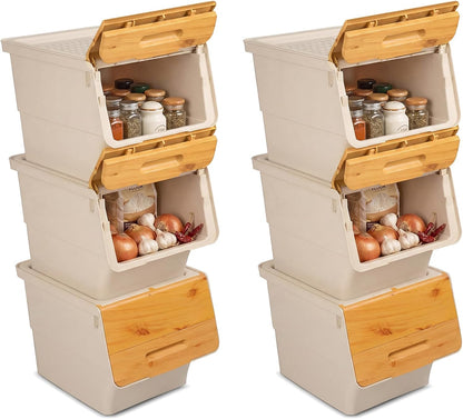 Giantex Plastic Stackable Storage Bins with Lids & Wheels, 3 Pack Open Front Stacking Bins, Organizer Bins for Pantry, Kitchen, Laundry, Closet, Playroom, Bedroom Organization (12.5 QT)