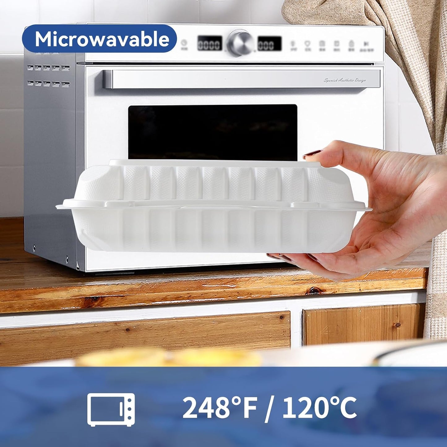 Food Containers 7.8" 30 oz 65 Pack - BPA Free Mineral Filled PP Plastic | 3 Compartment Shrink Wrap Clamshell Stackable | Reusable Freezer & Microwave Safe | White Commercial Takeout Boxes