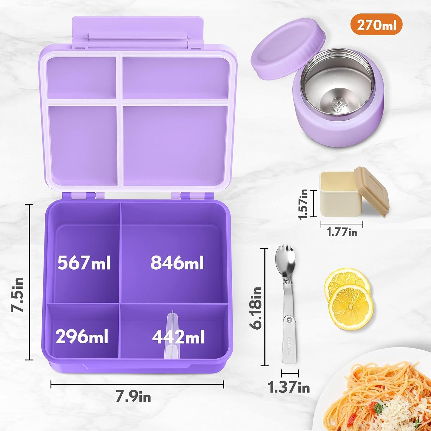 Lunch Box Kids with 5 Compartments, Insulated Food Jar & Utensils, Leak Proof Bento Box with Sauce Container, BPA-Free & Dishwasher Safe, Dinosaur Design(Purple)