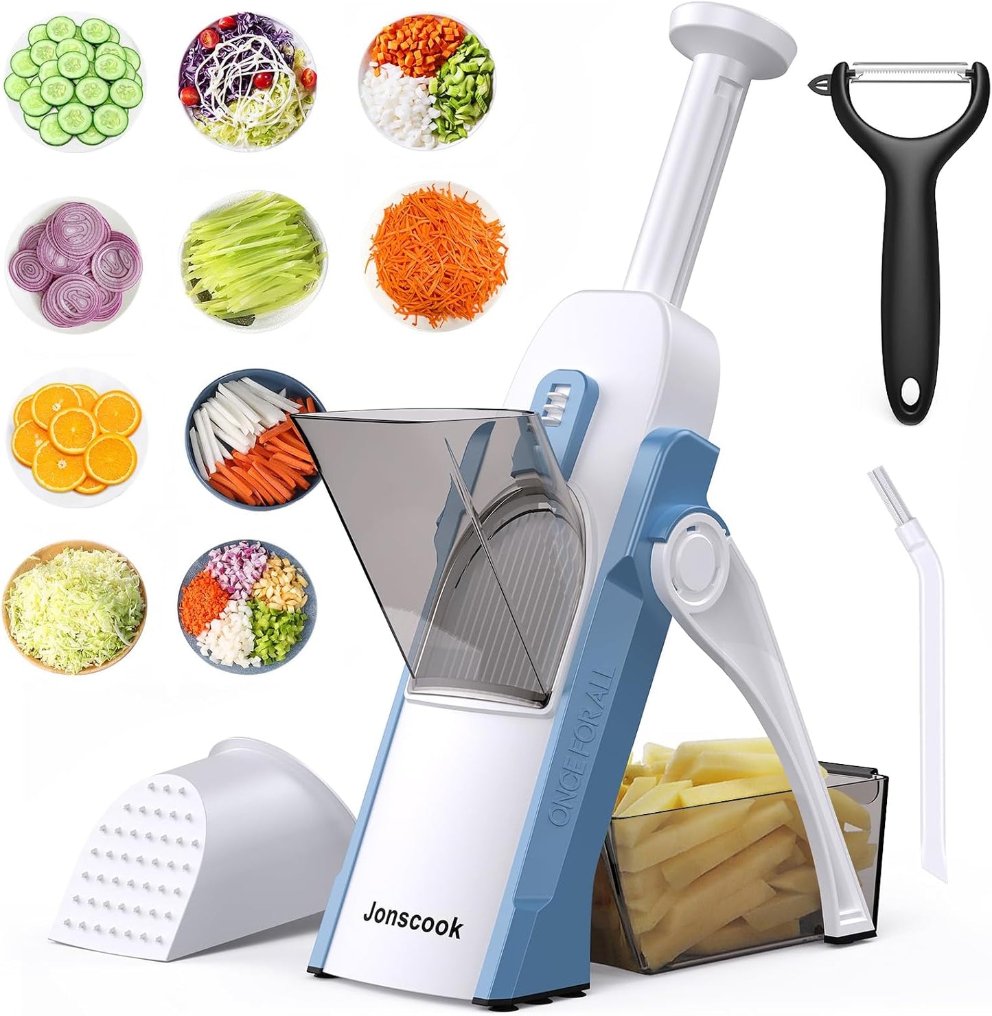 Jonscook All-in-1 Update Safe Mandoline Slicer for Kitchen, Food Chopper with Container, Thickness Adjustable Vegetable Chopper, Potato French Fry Cutter Tomato Apple Slicer Onion (BlackKnight)