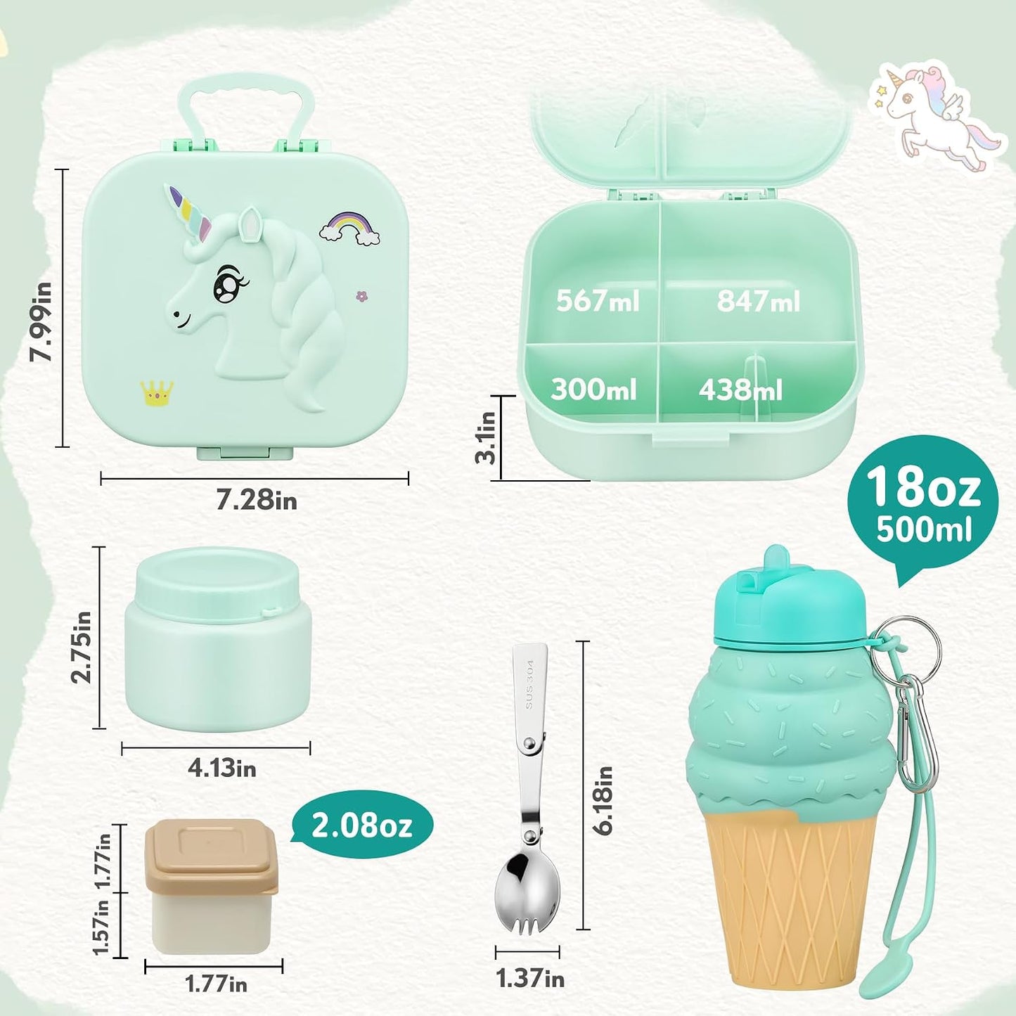 Aimsnk Magical Dinosaur Kids Lunch Box Set -12oz Insulated Food Jar, Leakproof Lunch Food Containers Cutlery, Leak-Proof Sauce Cup & Spoon, Gradient Green+Jar Green