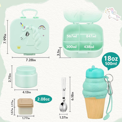Aimsnk Magical Dinosaur Kids Lunch Box Set -12oz Insulated Food Jar, Leakproof Lunch Food Containers Cutlery, Leak-Proof Sauce Cup & Spoon, Gradient Green+Jar Green