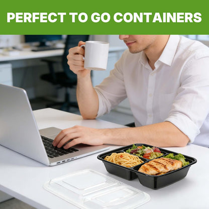 Uni-Pak 50 Pack (100-Piece) Meal Prep Containers with Lids, Reusable 3-Compartment 24 oz BPA-Free Food Storage, Sturdy Leakproof & Food Safe, Microwave Freezer Dishwasher Safe