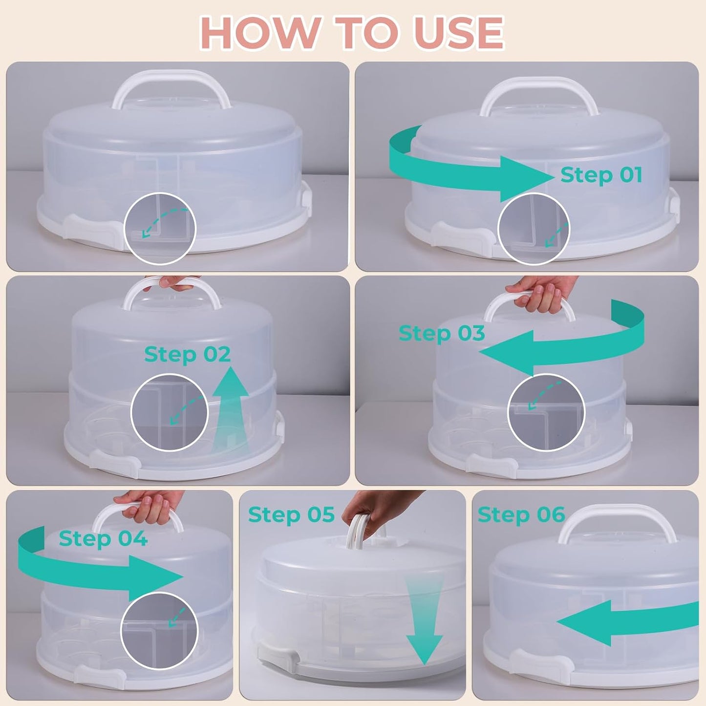 12in Extra Large Cake Carrier with Lid and Handle, Holds up to 12" round 7" high cake, Portable Cake Container for Transport Pies, Cupcakes, Cakes and More