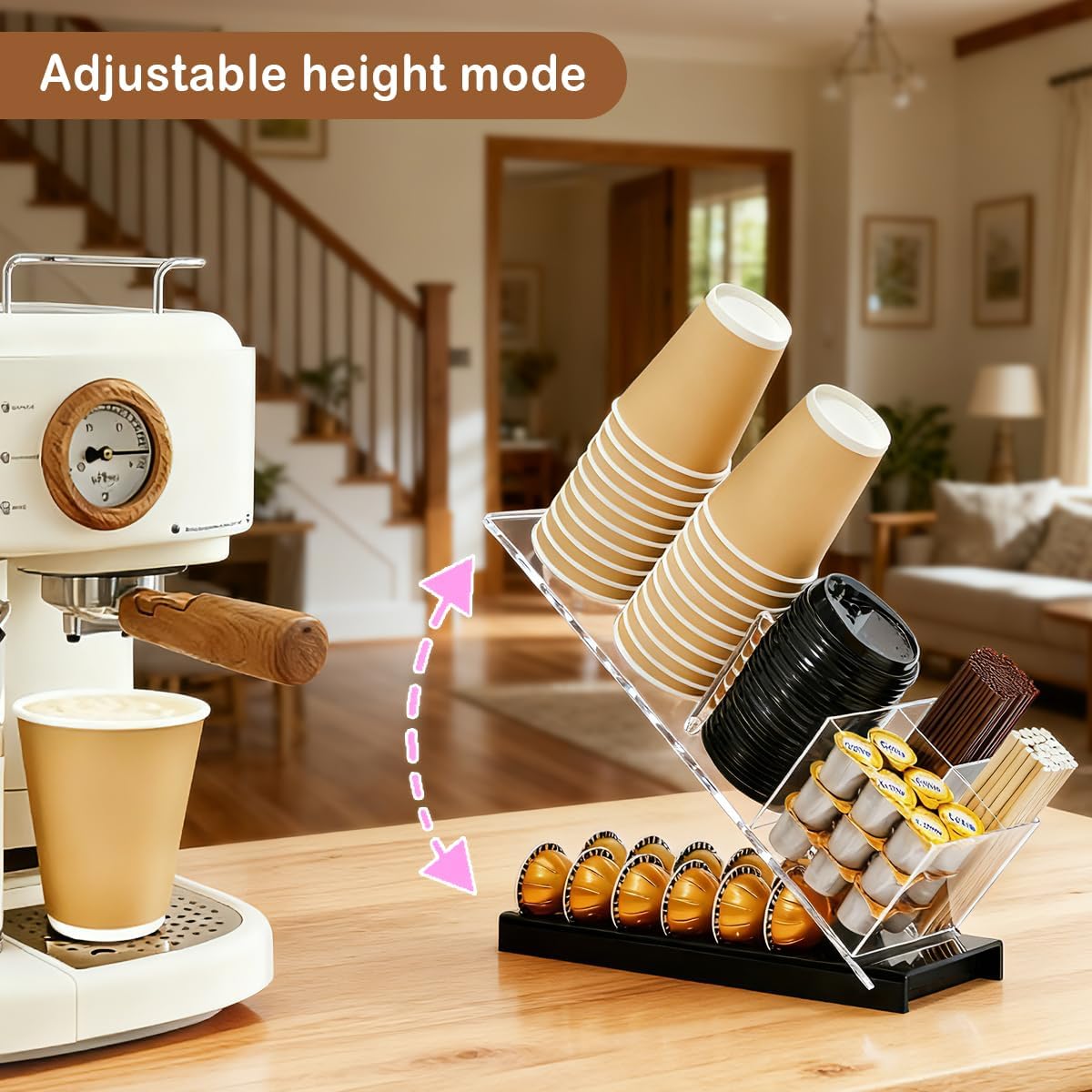 Acrylic Cup and Lid Holder with Coffee Pods Organizer, Adjustable Coffee Cup Holder 6 Compartment Dispenser for Disposable Cup and Straw Accessories Organizer, for Office, Home, Coffee Bar Countertop