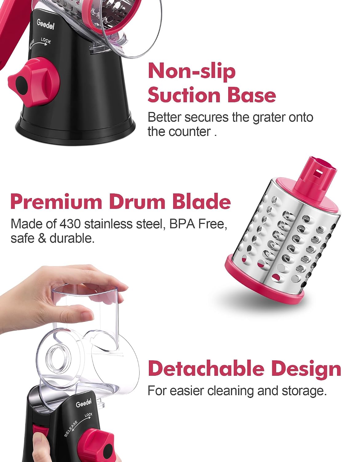 Geedel Rotary Cheese Grater, Kitchen Mandoline Vegetable Slicer with 3 Interchangeable Blades, Easy to Clean Rotary Grater Slicer for Cheese, Vegetables, Nuts