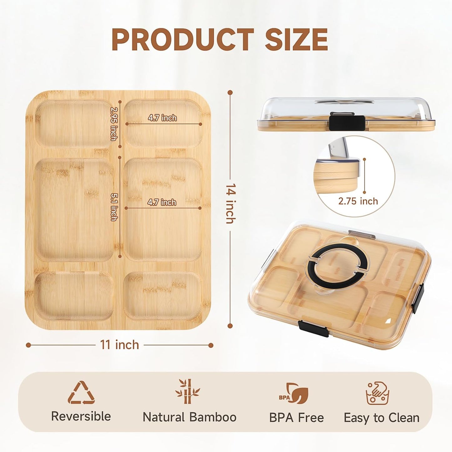 Bamboo Charcuterie Boards with Lid, Travel Portable Cheese Board & Serving Tray with Clear Cover, Charcuterie Boxes for Picnic, Kitchen, Housewarming Gifts for Women & New Home (A-6 Compartment))