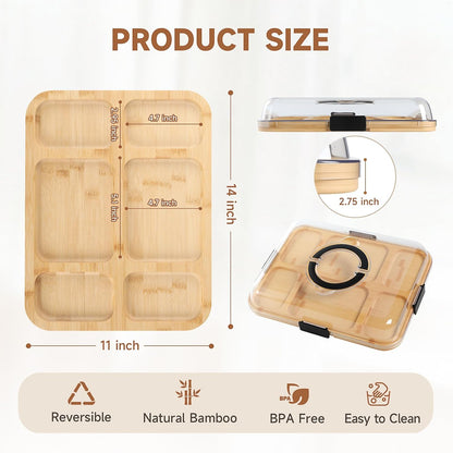 Bamboo Charcuterie Boards with Lid, Travel Portable Cheese Board & Serving Tray with Clear Cover, Charcuterie Boxes for Picnic, Kitchen, Housewarming Gifts for Women & New Home (A-6 Compartment))