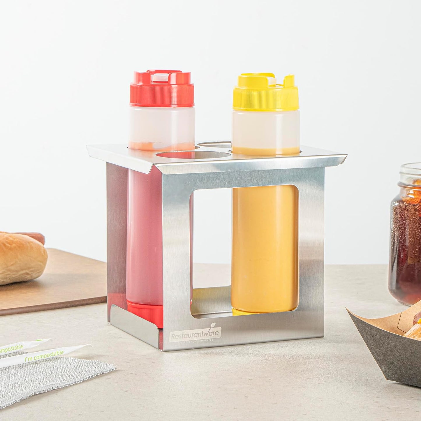 Restaurantware Stainless Steel Bottle Organizer - 1 Count - 6.299 x 7.087 x 0.394 Inches - Dishwasher-Friendly Condiment Holder - Kitchen Bottle Rack - Space-Saving Design - Silver