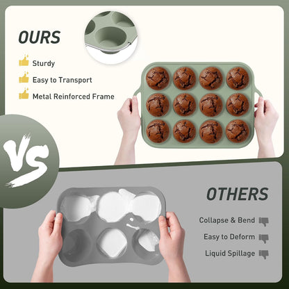 2 Packs 12 Cups Silicone Muffin Pan for Baking with Metal Reinforced Frame Regular Size Cupcake Pan Tray Egg Bites Silicone Cookie Molds Muffin Tin Tart Pans Sheet Set for Oven Dishwasher Safe