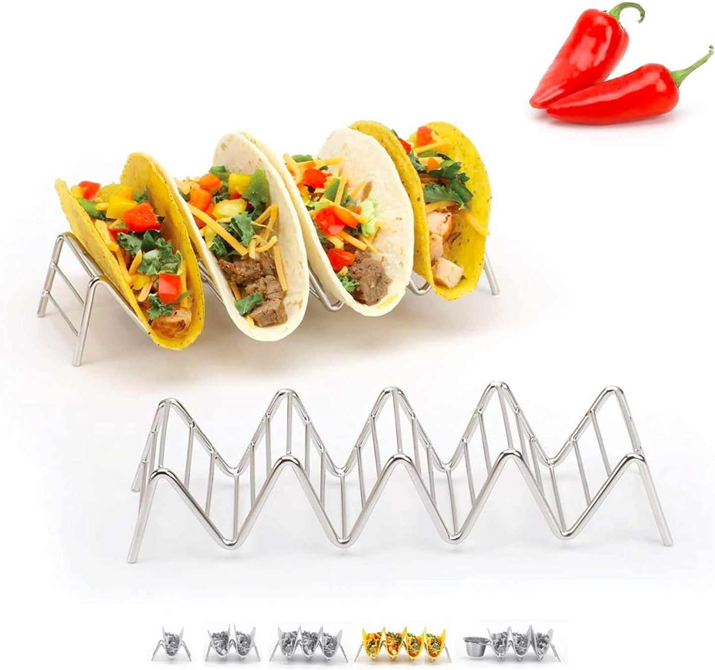 Taco Holders Set of 2 Premium Stainless Steel Stackable Stands, Each Rack Holds 2 or 3 Hard or Soft Tacos, Five Styles Available By 2lbDepot