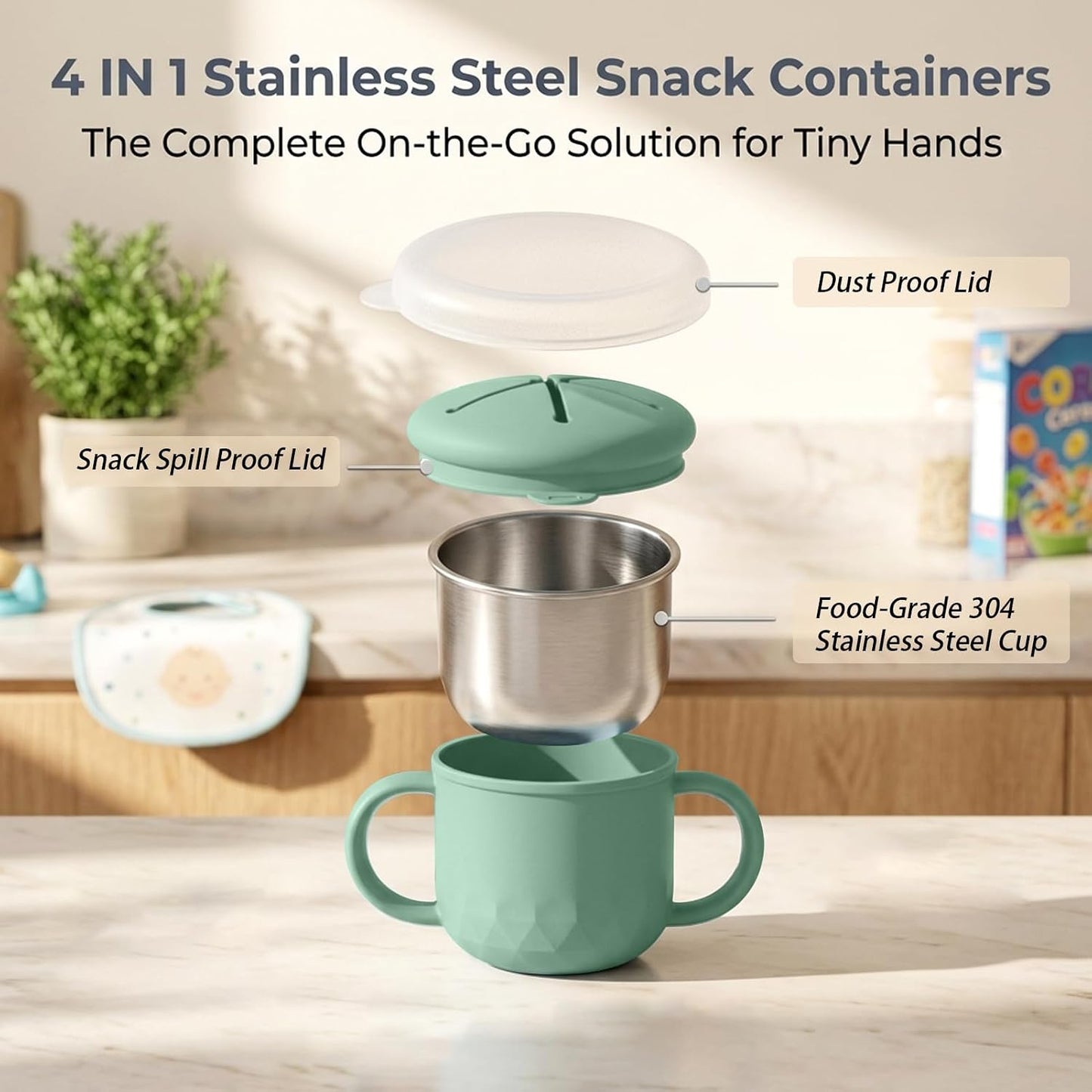 BUSOHA 2 Pack Stainless Steel Snack Containers – 4 IN 1 Spill Proof Snack Cup for Kids with Silicone Lids,Reusable Toddler Snack Containers,Metal Food Storage for Lunch Box,Travel,Dark Purple+Gray
