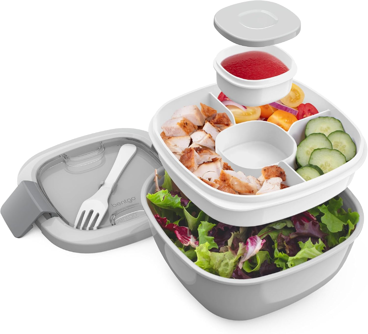 Bentgo Salad Container - 54 oz Bowl with 4-Compartment Toppings Tray, Leak-Proof Dressing Container, Reusable Fork, BPA-Free Lunch Box for Meal Prep & Food Storage; Removable Bento Tray (Khaki Green)