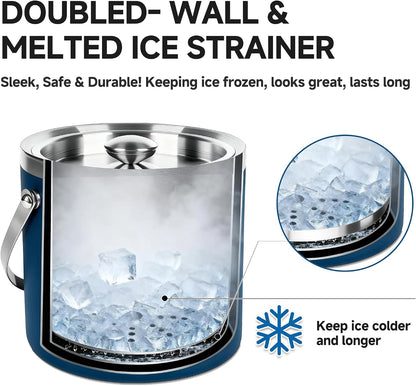 3L Double-Wall Insulated Stainless Steel Ice Bucket with scoop for Cocktail Bar - Metal Ice Bucket for freezer with Lid for parties,Camping,and More!champagne bucket,bar cart accessories