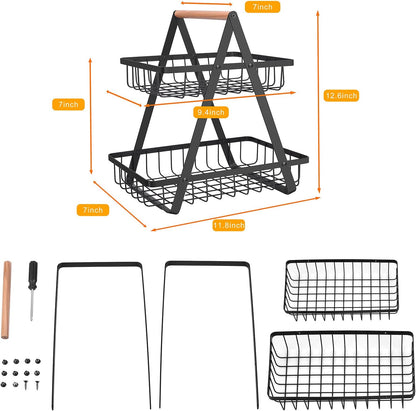 mahueeol 2-Tier Metal Fruit Basket for Kitchen Counter with Wooden Handle | Detachable rectangular baskets hold fruits, vegetables, bread and snacks; use stacked or separately in kitchens and pantries