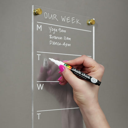 Magnetic Acrylic Weekly Calendar for Fridge, 7” x 18” Clear Refrigerator Planner, Weekly Schedule Planning Board, Includes 4 Magnetic Wet-Erase Markers, Gold Corner Magnets