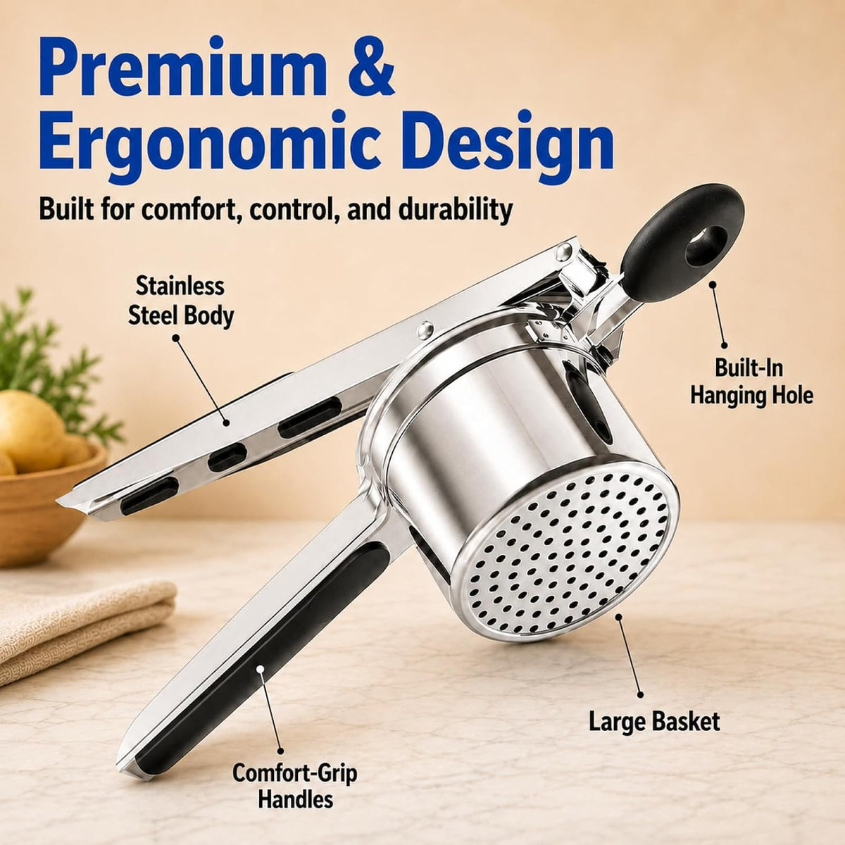 Stainless Steel Potato Ricer, Potato Press for Mashed Potatoes, Vegetable Ricer