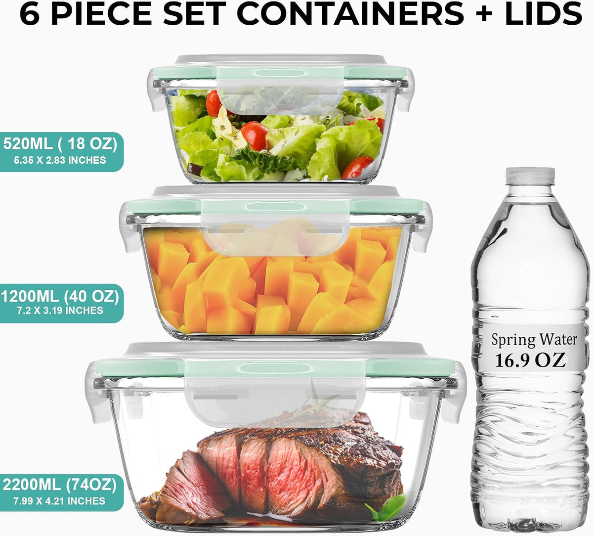 Razab 6 PC Square Glass Food Storage Containers with Airtight lids (74, 40 & 18 oz) Kitchen Glass Meal Prep Containers Set for Freezer Reusable Leftover Lunch Boxes, Oven, Microwave, Dishwasher Safe