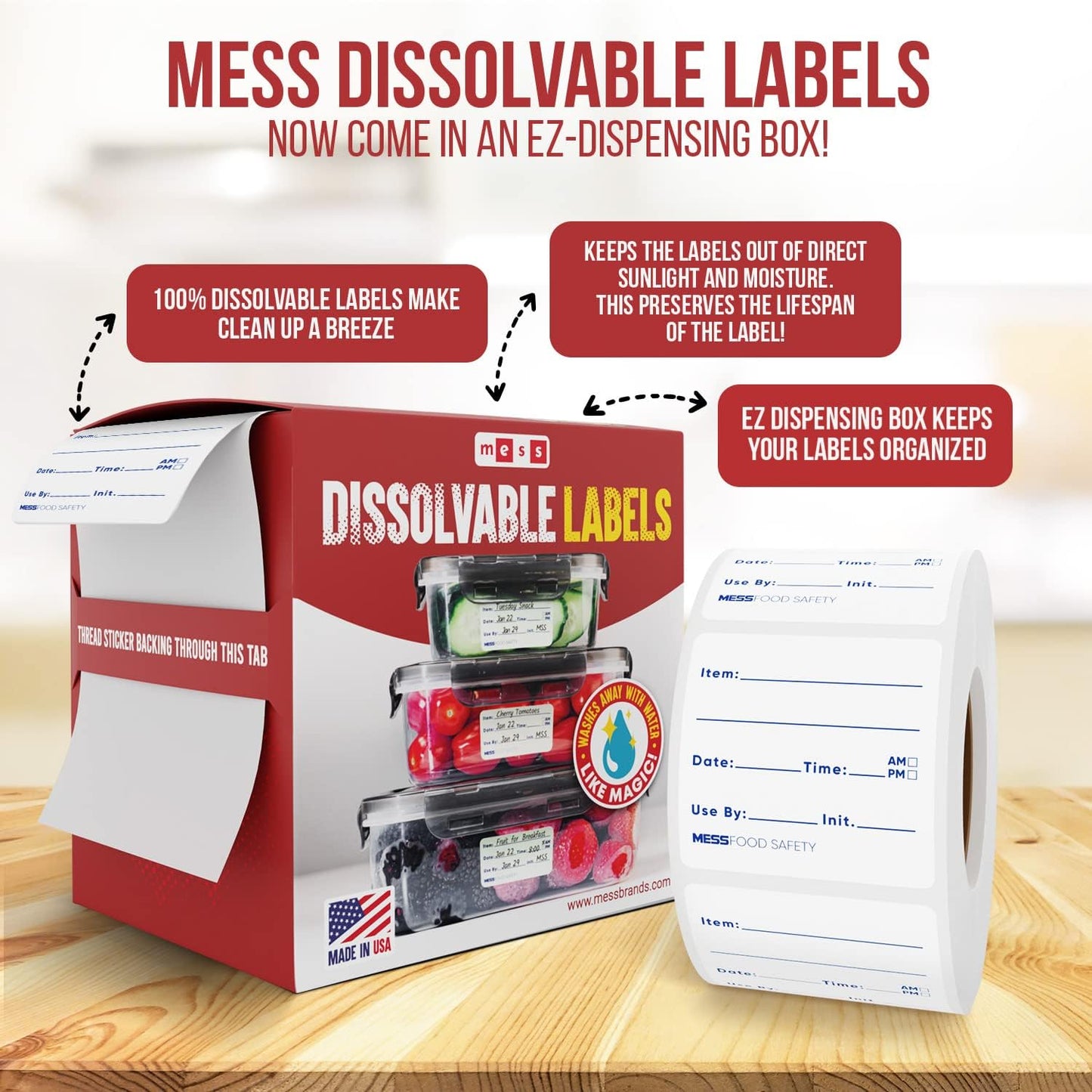 MESS Dissolvable Food Labels, 1x2, 200/Roll - Dissolves in 30 Seconds or Less - Removable Pantry, Meal Prep & Food Storage Labels – Canning & Freezer Use