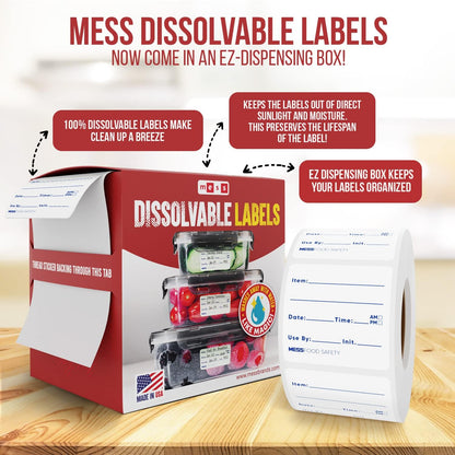 MESS Dissolvable Food Labels, 1x2, 200/Roll - Dissolves in 30 Seconds or Less - Removable Pantry, Meal Prep & Food Storage Labels – Canning & Freezer Use