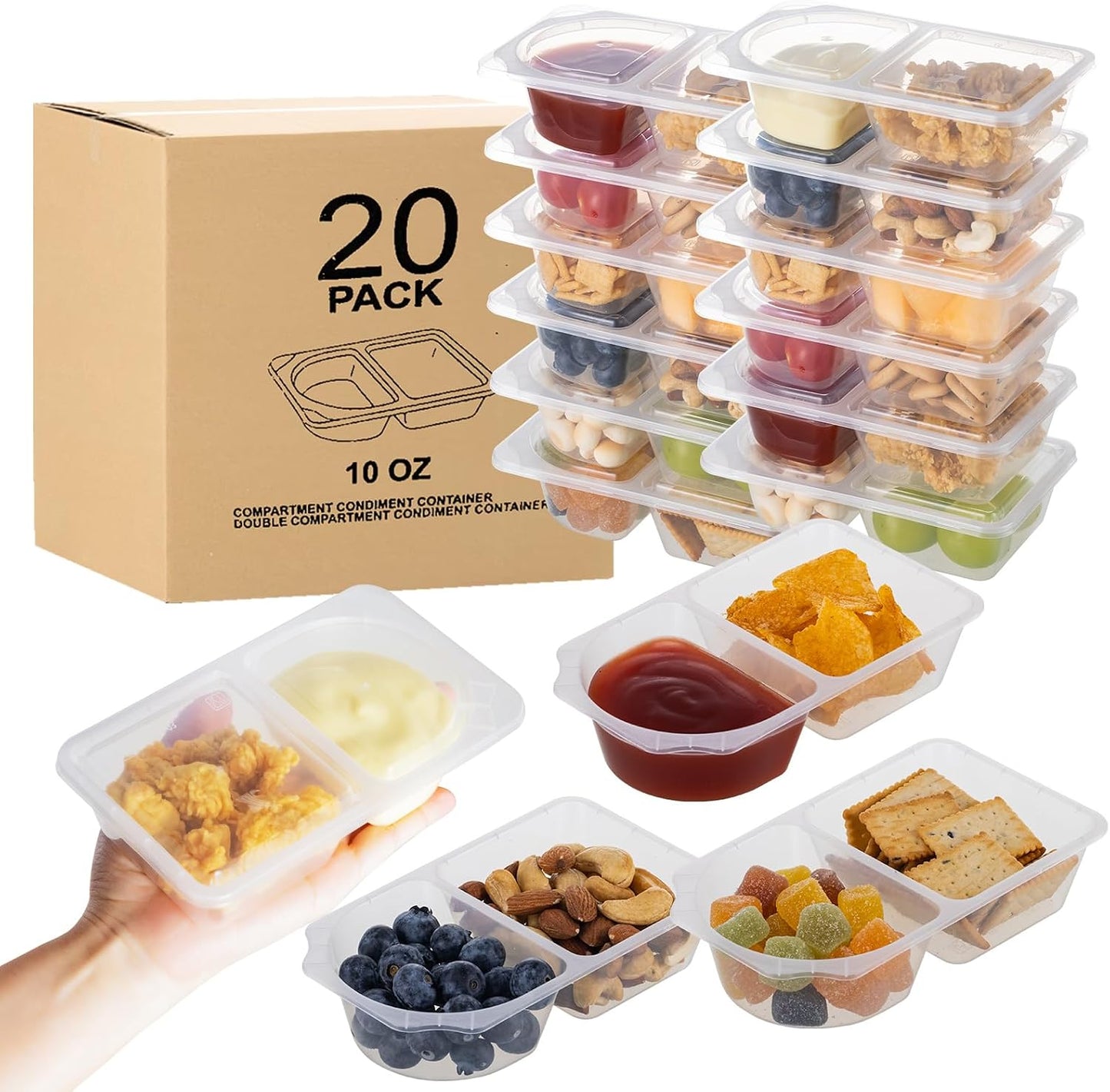 10 oz Reusable Snack Containers with Lids for Kid, 2 Compartment Large Capacity Condiment Portion Control Containers for School lunch, Go out Travel, Party