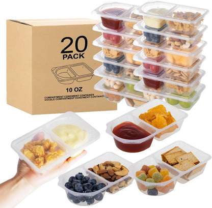 10 oz Reusable Snack Containers with Lids for Kid, 2 Compartment Large Capacity Condiment Portion Control Containers for School lunch, Go out Travel, Party