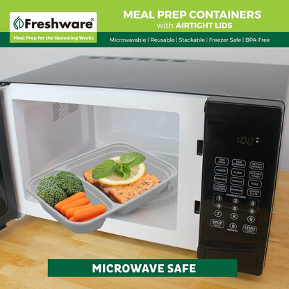 Freshware Meal Prep Containers [25 Pack] 2 Compartment with Lids, Food Storage Containers, Bento Box, BPA Free, Stackable, Microwave/Dishwasher/Freezer Safe (28 oz), Grey