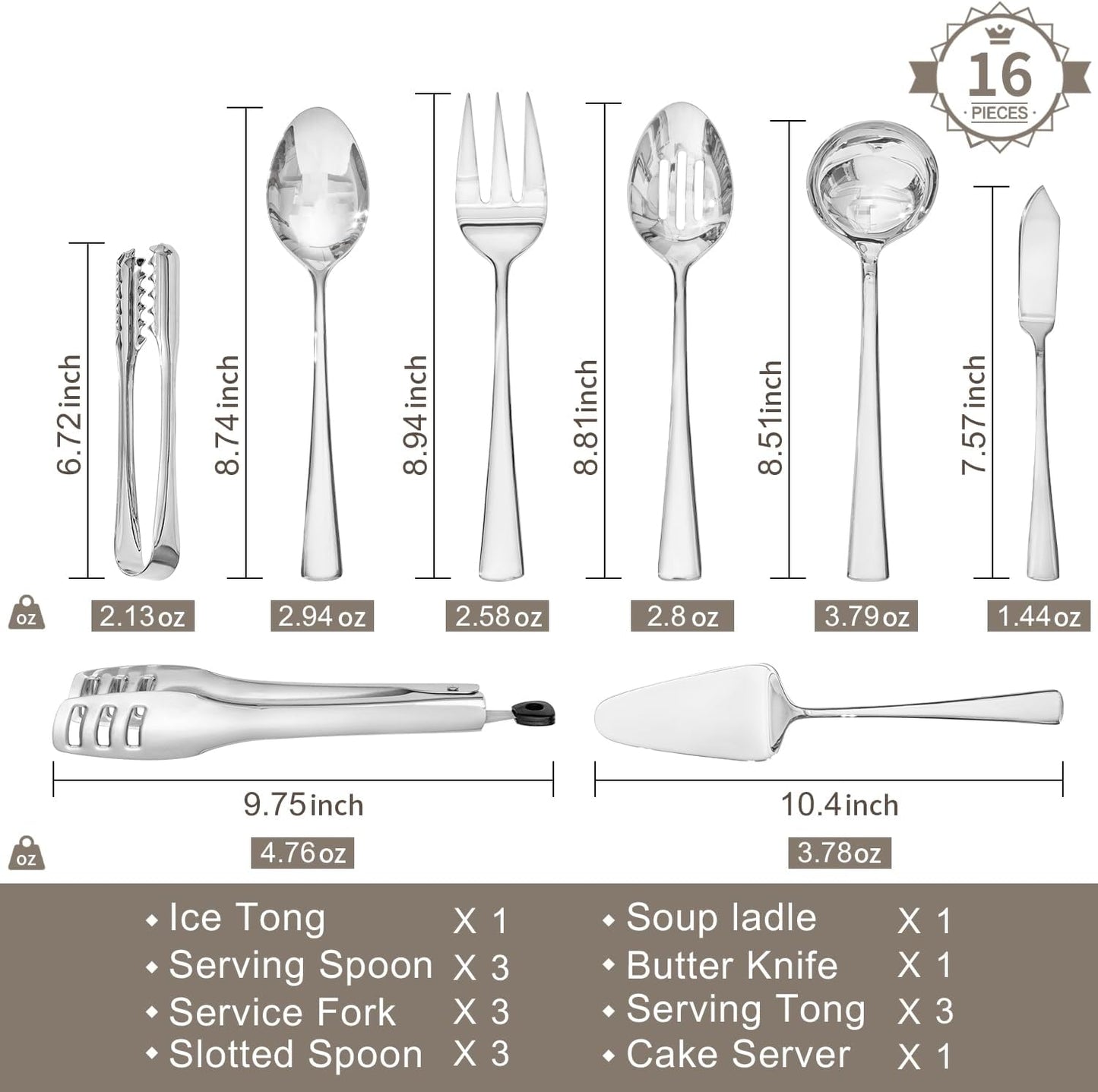 KINGSTONE 8 Piece Serving Utensils Set, 18/10 Stainless Steel Serving Utensils, Slotted Spoon, Serving Spoon, Fork, Tong, Soup Ladle, Cake Server for Buffet, Parties, Kitchen