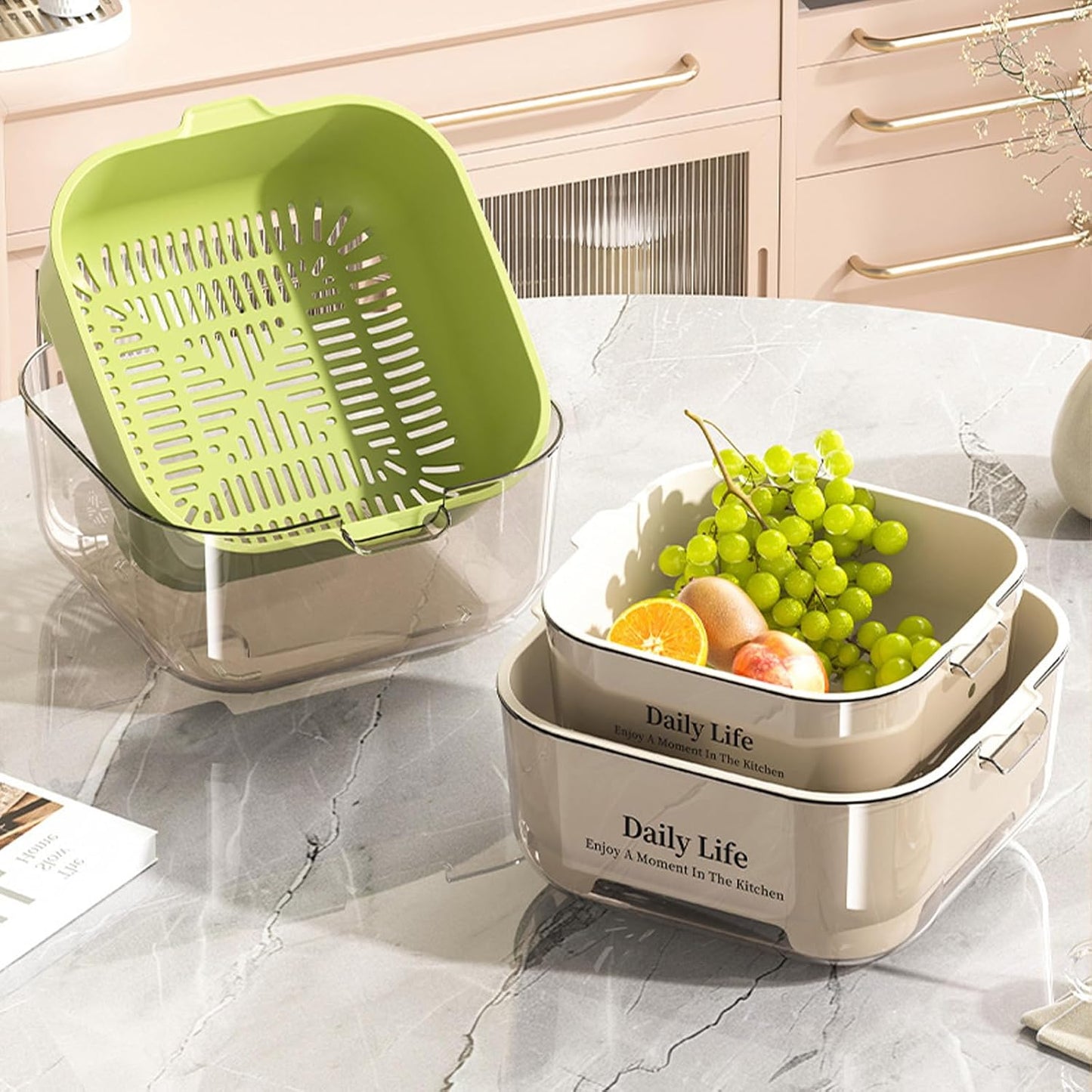3 Pcs Set Double-Layer Plastic Colander, Large Capacity Food Strainers, Fruits Vegetable Washing Draining Basket, Detachable and Stackable Multi-Layer Strainer Bowl, Easy to Clean for Kitchen (Brown)