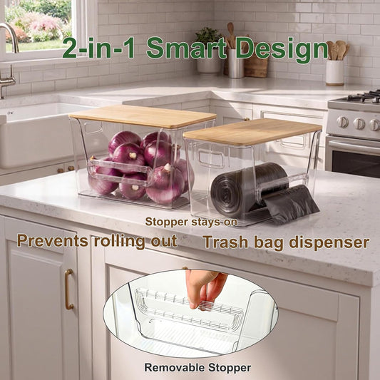 FUSHITON 2 Set Pantry Organizers with Bamboo Lids, Clear Storage Bins with Handles, U-Shaped Front Opening with Removable Stopper for Trash Bag Dispenser, Potato Onion Garlic Storage