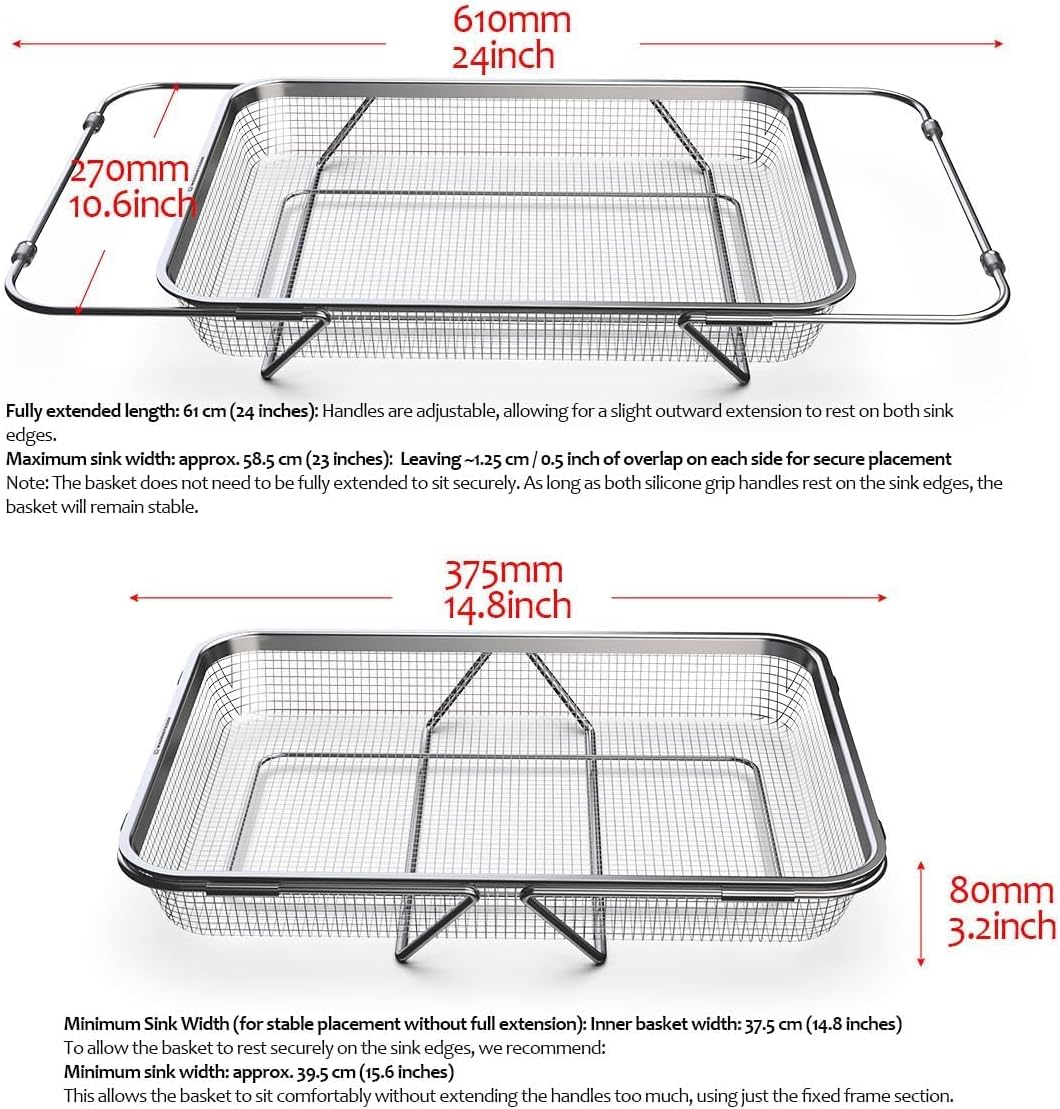 WAGENSTEIGER Extendable Dish Rack with Feet, Vegetable Colander Basket, Stainless Steel Dish or Silverware Drying Rack, Ultimate Kitchen Organizer Over the Sink (11.81 x 8.27 x 2.76 Inches)