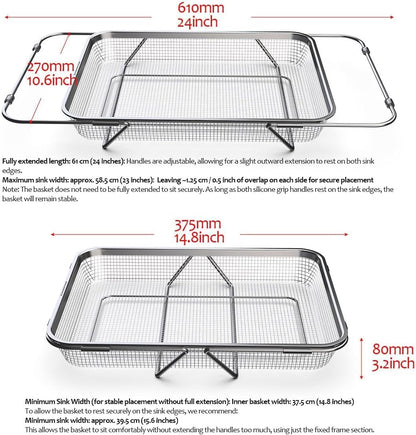 WAGENSTEIGER Extendable Dish Rack with Feet, Vegetable Colander Basket, Stainless Steel Dish or Silverware Drying Rack, Ultimate Kitchen Organizer Over the Sink (11.81 x 8.27 x 2.76 Inches)