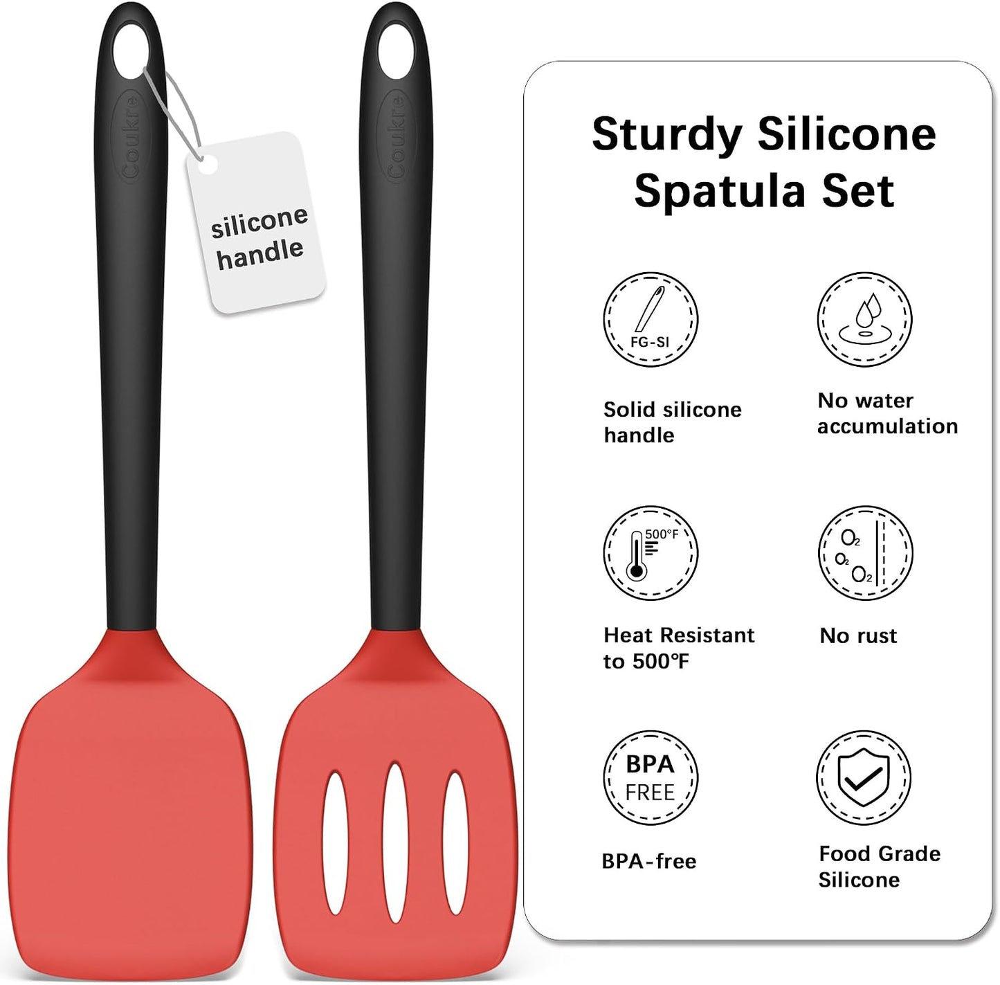Coukre 2 Pack Silicone Spatula Set, High Heat Resistant, BPA Free Kitchen Spatula, Solid & Slotted Turner for Non-Stick Pans, Sautéing, and Flipping (2, PureBlack)