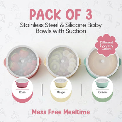 o'doe Suction Bowls for Baby - Non-Toxic Stainless Steel Baby Bowls 5" with Non-Slip Removable Silicone Shell - BPA-Free Toddler Bowls (Green + Rose + Beige)