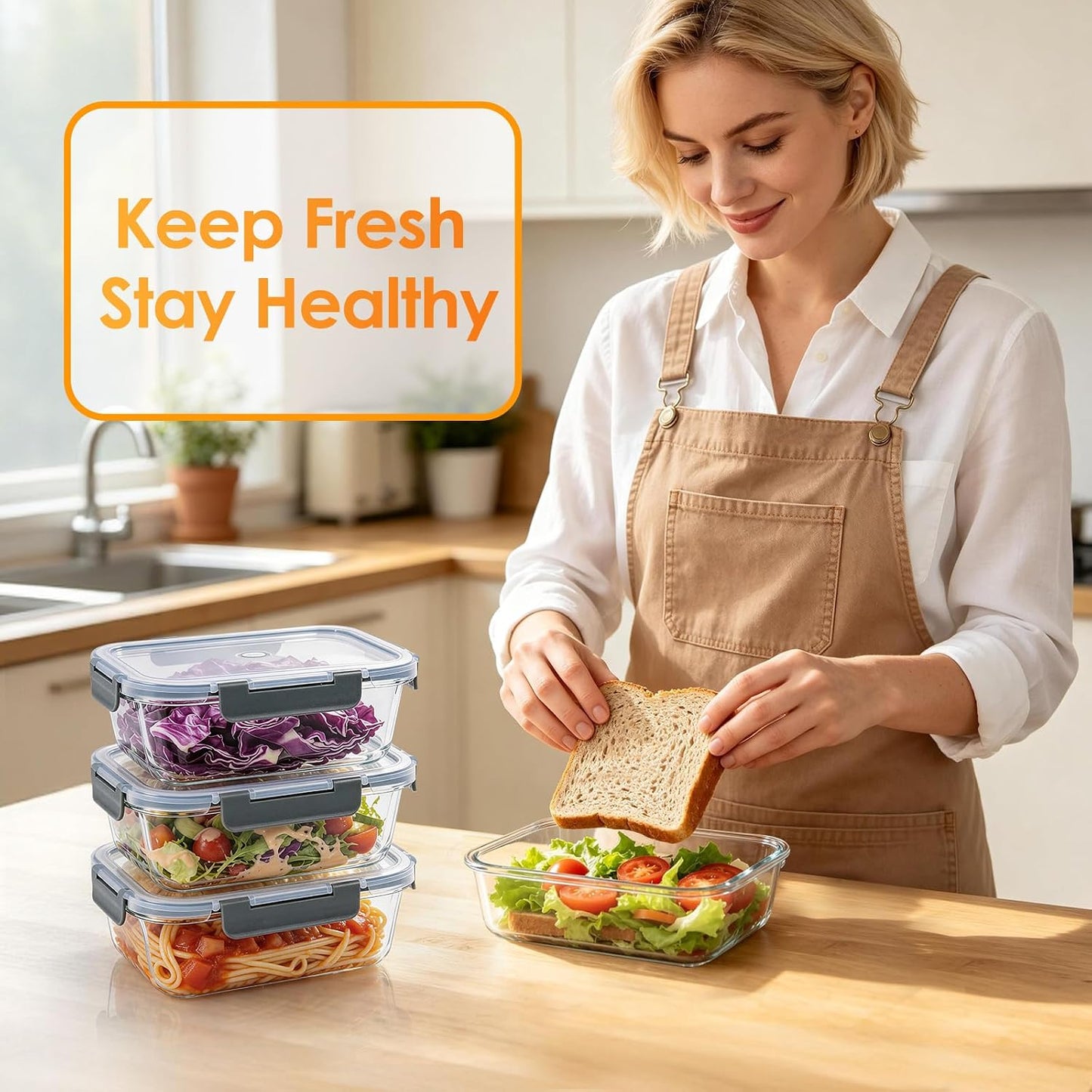 5Pack 22oz Glass Storage Containers with Lids, Glass Meal Prep Containers Set, Airtight Snap Lids, BPA Free, Microwave Oven Freezer Dishwasher Safe, Grey