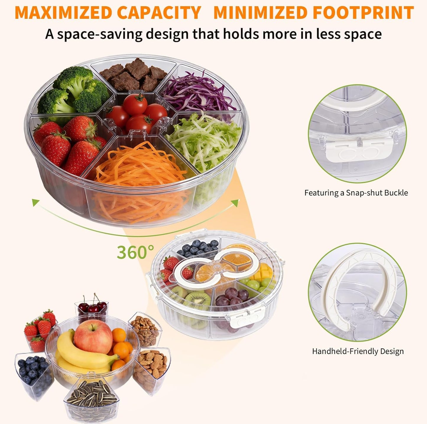 Aufind Divided Serving Tray with Lid and Handle, Stackable Snackle Box Container for Fruits Candy Veggies, Portable Spinning Rounded Tray with 6 Removable Dip Bowls