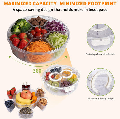 Aufind Divided Serving Tray with Lid and Handle, Stackable Snackle Box Container for Fruits Candy Veggies, Portable Spinning Rounded Tray with 6 Removable Dip Bowls