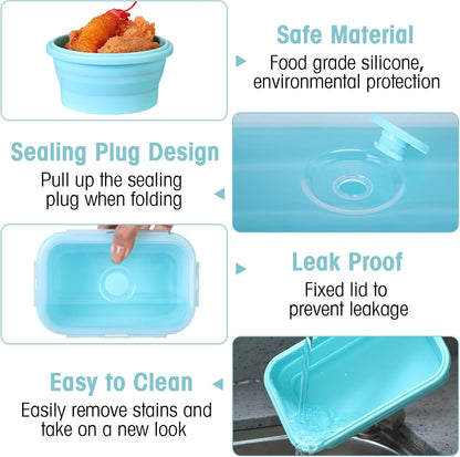 Yaomiao 16 Pack Collapsible Food Storage Containers with Lid Foldable 8 Pcs Rectangle Storage Bowl and 8 Pcs Round Silicone Food Bow for Lunch Rv Accessories Microwave Freezer Safe(Gray, Blue)